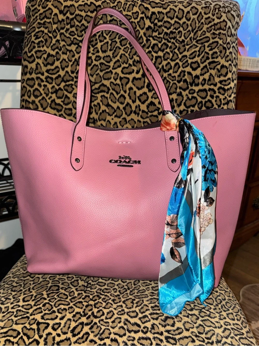 NWOT Coach Pink Pebble Leather Tote with Blue Accent Scarf